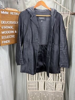 Vintage Winlit Women's Black Hooded Leather Coat | Small